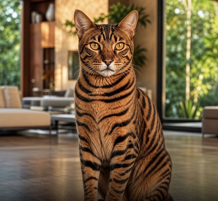 An adult toyger cat with a bold, glossy striped coat and a muscular, athletic build
